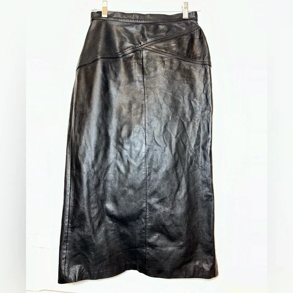 Vintage Laurice Black Leather Midi Side Slit Lined Skirt - Picture 1 of 10